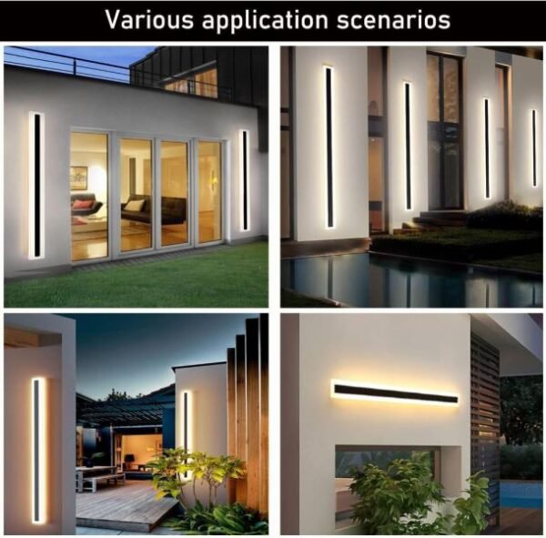 Juego de 2 lámparas LED de pared para exteriores de 47.2 pulgadas de largo, 38 W, impermeable, IP65, blanco cálido, 110 V, lámpara de pared rectangular negra, elegante acrílico esmerilado Lexier - Imagen 3