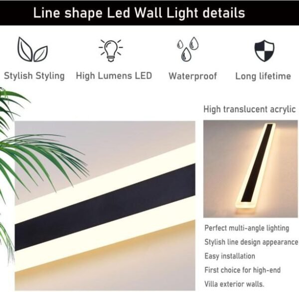 Juego de 2 lámparas LED de pared para exteriores de 47.2 pulgadas de largo, 38 W, impermeable, IP65, blanco cálido, 110 V, lámpara de pared rectangular negra, elegante acrílico esmerilado Lexier - Imagen 4