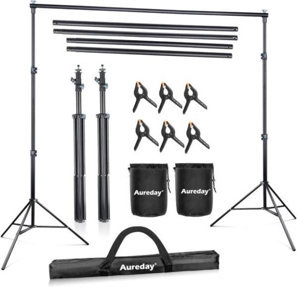 Aureday Soporte de telón de fondo, soporte de fondo ajustable de 10 x 8.5 pies para fiestas, soporte de fondo resistente con bolsa de viaje