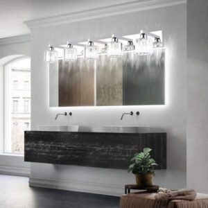 Aipsun Lámpara de tocador de baño de cristal de acero inoxidable, moderna, 5 luces, accesorios de tocador de baño de cristal (no incluye bombilla)