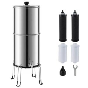 SmarketBuy Sistema de filtro de agua alimentado por gravedad de 2.25 galones, sistema de filtro de agua de acero inoxidable 304 con 4 filtros y soporte, sistema de filtro de encimera VALORADO