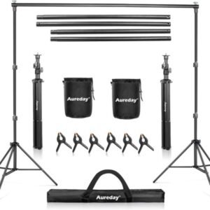 Aureday Soporte de telón de fondo, kit de soporte de fondo ajustable de 10 x 7 pies con 4 barras transversales, 6 abrazaderas de fondo, 2 bolsas de arena y bolsa de transporte para fiestas, bodas