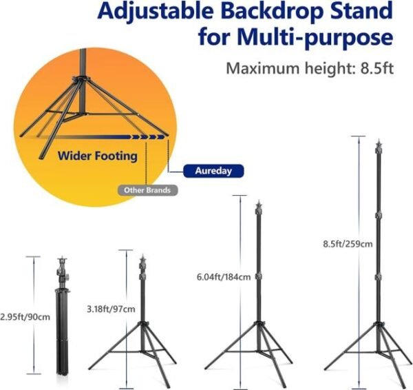 Aureday Soporte de telón de fondo, kit de soporte de fondo ajustable de 10 x 7 pies con 4 barras transversales, 6 abrazaderas de fondo, 2 bolsas de arena y bolsa de transporte para fiestas, bodas - Imagen 5