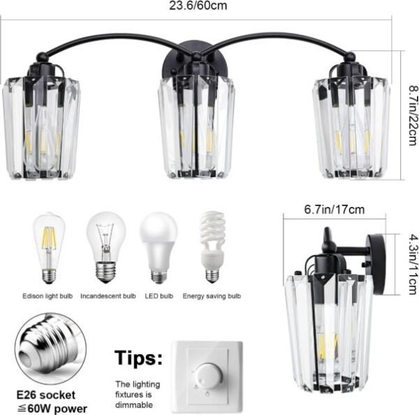 Aipsun Lámparas de tocador de cristal modernas para baño, luces negras de tocador para baño, base E26 (no incluye bombilla) - Imagen 3