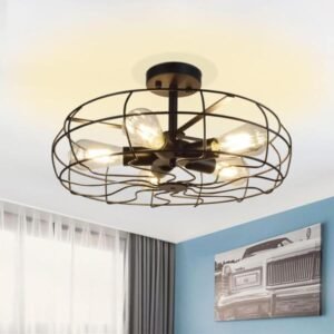 Depuley Lámpara de techo industrial de 5 luces, semi empotrada de 19 pulgadas, lámpara de jaula de metal rústico, retro, cocina, comedor, dormitorio.