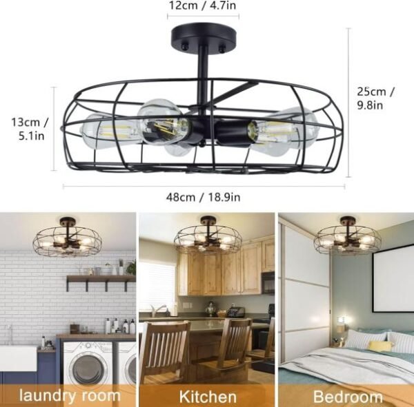 Depuley Lámpara de techo industrial de 5 luces, semi empotrada de 19 pulgadas, lámpara de jaula de metal rústico, retro, cocina, comedor, dormitorio. - Imagen 4