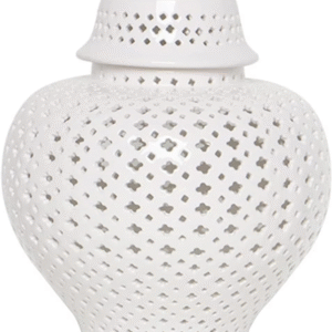 Tarro de jengibre de cerámica tradicional china con tapa, decorativo de celosía tallada, linterna cubierta perforada de cartílago, blanco tradicional brillante hecho a mano