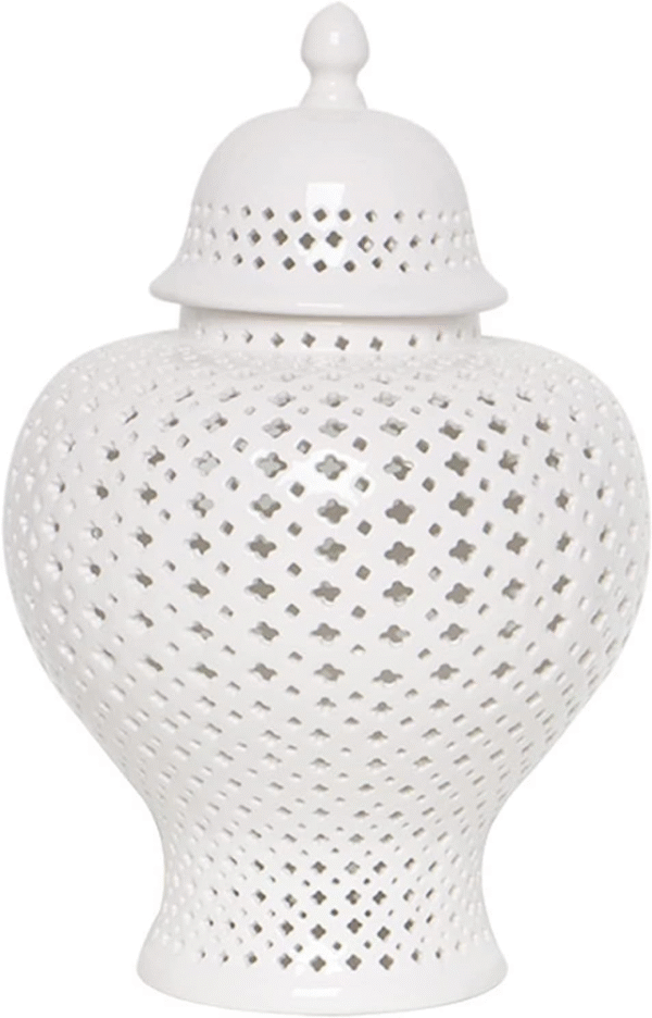 Tarro de jengibre de cerámica tradicional china con tapa, decorativo de celosía tallada, linterna cubierta perforada de cartílago, blanco tradicional brillante hecho a mano