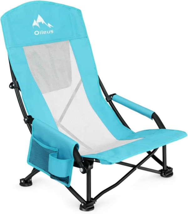 Oileus Silla de playa portátil plegable, ligera, respaldo alto, asiento bajo para tienda de campaña, refugio y campamento, respaldo de malla completa, soporte para tazas, bolsa para transporte.