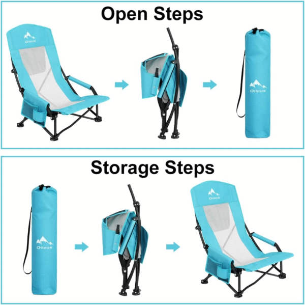 Oileus Silla de playa portátil plegable, ligera, respaldo alto, asiento bajo para tienda de campaña, refugio y campamento, respaldo de malla completa, soporte para tazas, bolsa para transporte. - Imagen 2