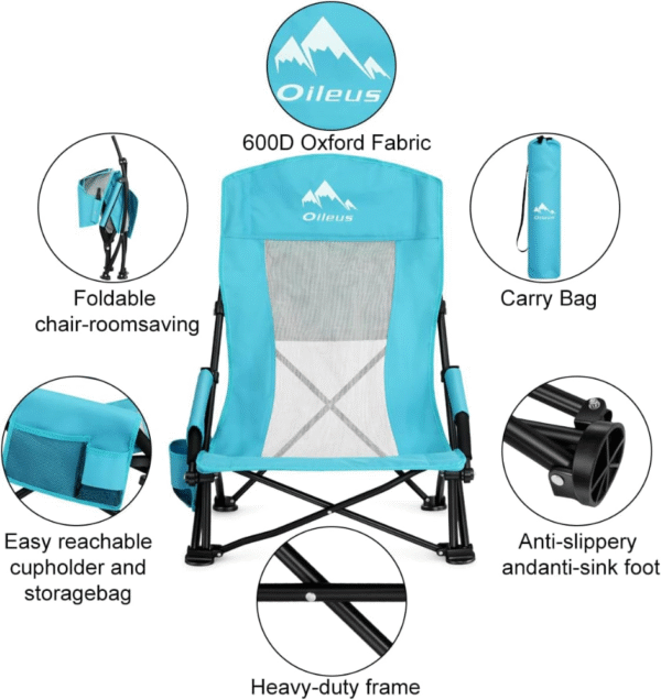 Oileus Silla de playa portátil plegable, ligera, respaldo alto, asiento bajo para tienda de campaña, refugio y campamento, respaldo de malla completa, soporte para tazas, bolsa para transporte. - Imagen 3