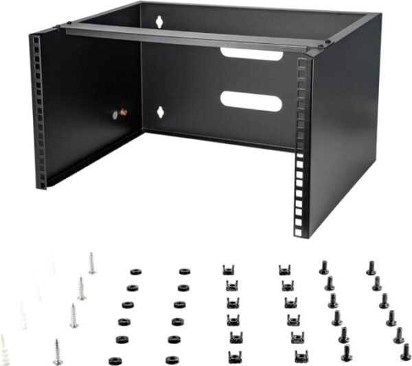 StarTech. Rack de montaje en la pared 6U, soporte de montaje, bisagra, 1U, 35 Prof. x 49.78 an x 27al. cm paneles, marco abierto, diseño de 2 postes, capacidad máxima de peso de 43.9 lbs