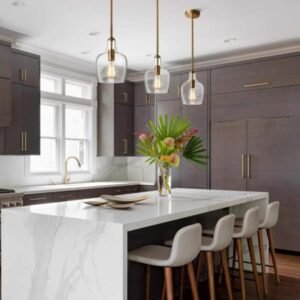 JEENKAE - Lámpara colgante de latón moderna para cocina, de cristal, color dorado