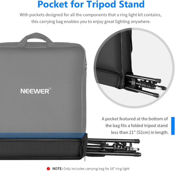 Neewer Bolsa de transporte para fotografía, funda protectora para anillo de luz de 18 pulgadas y trípode plegable de 21 pulgadas, 21 x 21 pulgadas, nailon ligero y duradero - Imagen 5