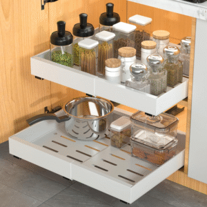 paquete de 2 Organizador de gabinetes extraíble , adhesivo con película nano, cajones extraíbles para gabinetes de cocina, despensa o baño (blanco, 17" DE PROFUNDIDAD)