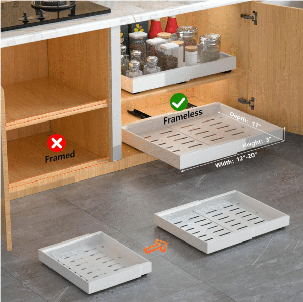 paquete de 2 Organizador de gabinetes extraíble , adhesivo con película nano, cajones extraíbles para gabinetes de cocina, despensa o baño (blanco, 17" DE PROFUNDIDAD) - Imagen 4