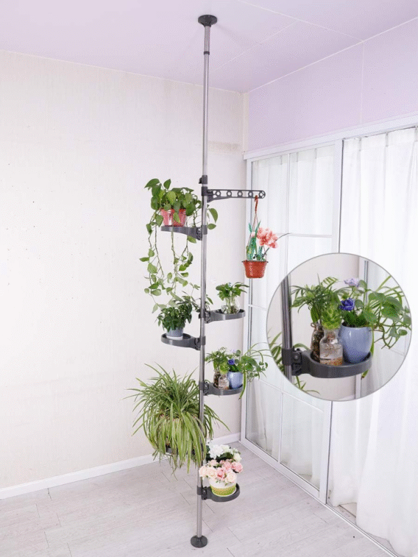 Soporte para plantas de interior, 7 capas con resorte y poste de tensión de metal, estante  para floreros, tubo de acero inoxidable, multifunción, estante de pie para almacenamiento, fácil ensamblar - Imagen 4