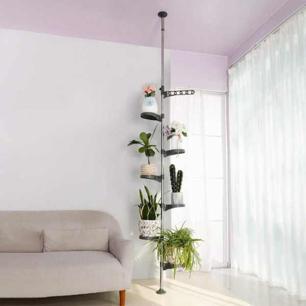 Soporte para plantas de interior, 7 capas con resorte y poste de tensión de metal, estante  para floreros, tubo de acero inoxidable, multifunción, estante de pie para almacenamiento, fácil ensamblar - Imagen 5