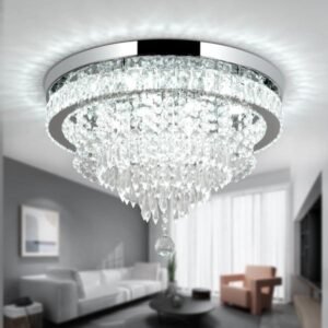 Candelabro de cristal de 19.7 pulgadas, lámpara LED de techo de cristal de 5 niveles, moderna de montaje empotrado, para sala de estar, comedor y dormitorio (redondo, cromo, 6500 K)