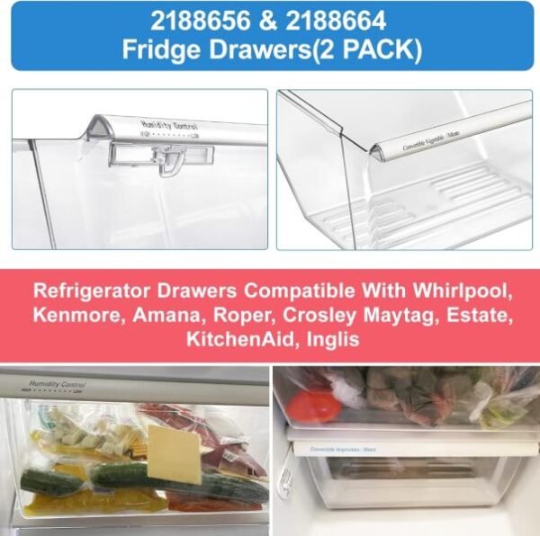 [Paquete de 2] Cajón de nevera mejorado 2188656 Cajón de control de humedad superior y 2188664 Recipiente de cajón inferior de repuesto para cajón de refrigerador Kenmore Whirlpool WRS325FDAM04 - Imagen 5