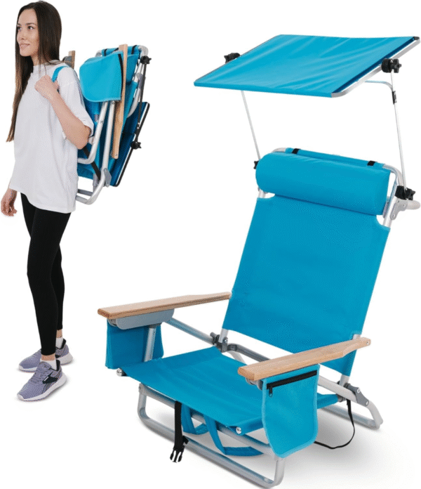 Silla de playa plegable PiQuick Active Rest, de aluminio, con 5 posiciones de aislamiento, reposacabezas, parasol plegable, barra para guardar toallas y bolsa térmica (LA SILLA ES GRIS)