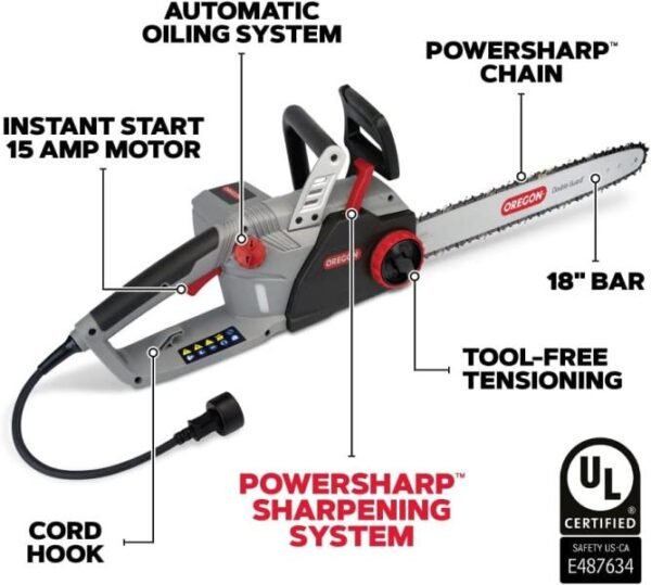 Motosierra eléctrica de 15 amperios, con cable, de 46 cm, sistema auto afilado PowerSharp integrado, engrasado automático Lubri-Tec integrado, Sistema de tensión sin herramientas incluido - Imagen 4