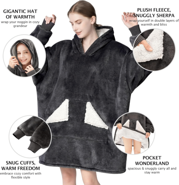 Touchat Manta con capucha, sudadera de forro polar Sherpa de gran tamaño con bolsillo gigante para capucha y mangas para adultos, manta gris cálida y acogedora, regalos para mujeres - Imagen 2