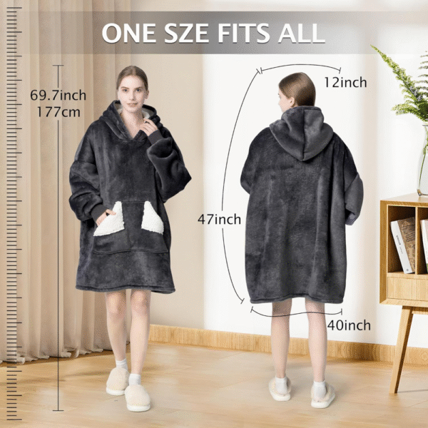 Touchat Manta con capucha, sudadera de forro polar Sherpa de gran tamaño con bolsillo gigante para capucha y mangas para adultos, manta gris cálida y acogedora, regalos para mujeres - Imagen 3