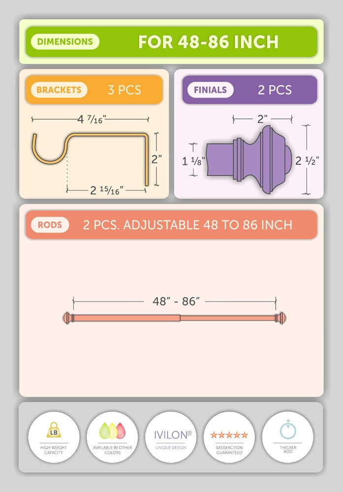 Varilla para cortinas, diseño Ivilion de los topes de estilo cuadrado, 1.12 pulgadas de diámetro, níquel satinado - Imagen 2