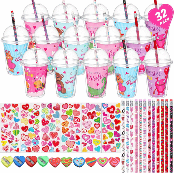 Paquete de regalos para el día de San Valentín para 32 niños, aula, escuela, surtido de artículos de papelería para el día de San Valentín con tarjeta, lápiz borrador, calcomanías de San Valentín.