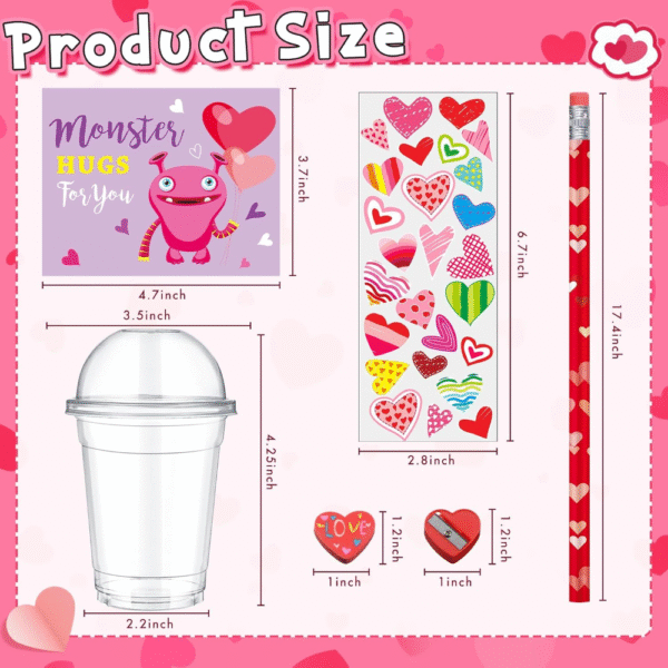 Paquete de regalos para el día de San Valentín para 32 niños, aula, escuela, surtido de artículos de papelería para el día de San Valentín con tarjeta, lápiz borrador, calcomanías de San Valentín. - Imagen 3