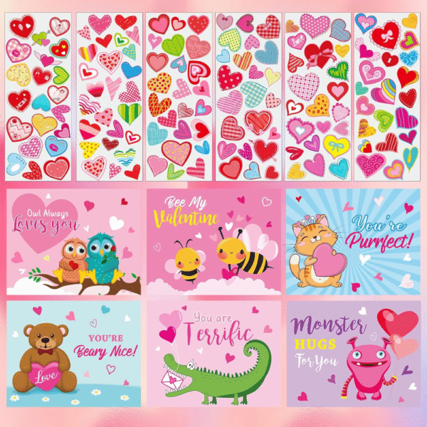 Paquete de regalos para el día de San Valentín para 32 niños, aula, escuela, surtido de artículos de papelería para el día de San Valentín con tarjeta, lápiz borrador, calcomanías de San Valentín. - Imagen 4