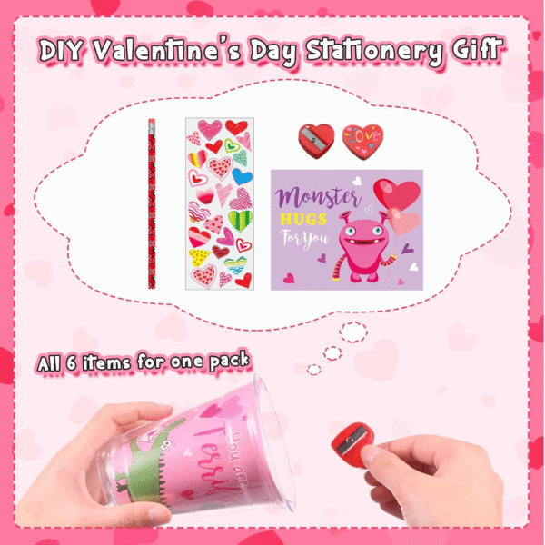 Paquete de regalos para el día de San Valentín para 32 niños, aula, escuela, surtido de artículos de papelería para el día de San Valentín con tarjeta, lápiz borrador, calcomanías de San Valentín. - Imagen 5
