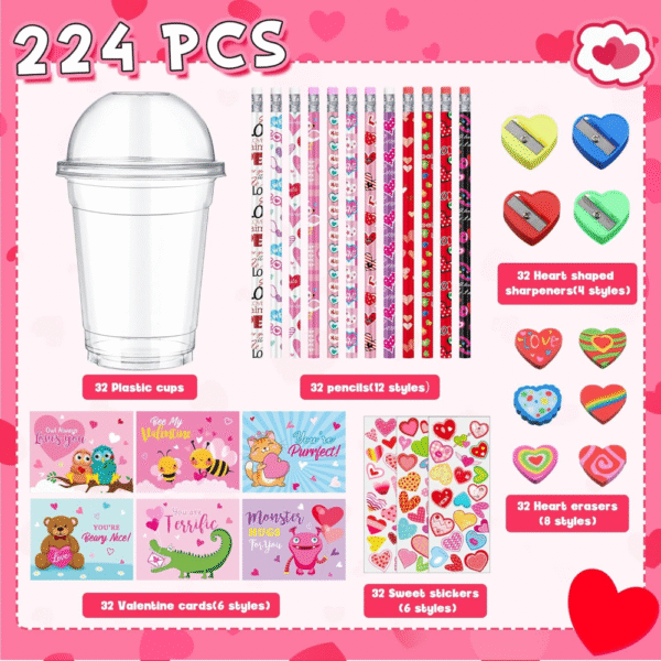Paquete de regalos para el día de San Valentín para 32 niños, aula, escuela, surtido de artículos de papelería para el día de San Valentín con tarjeta, lápiz borrador, calcomanías de San Valentín. - Imagen 6