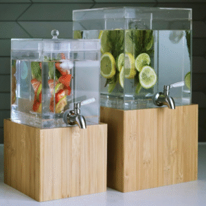 Paquete de 2 dispensadores de bebidas acrílicas con infusor de frutas y hierbas, de 1 y 2 galones, dispensador acrílico transparente de grado alimenticio con base de bambú natural,*VALORADO*