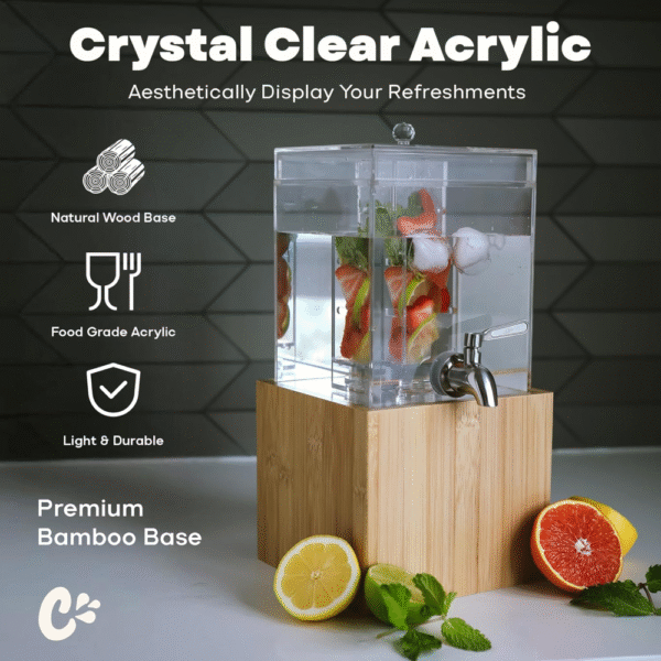 Paquete de 2 dispensadores de bebidas acrílicas con infusor de frutas y hierbas, de 1 y 2 galones, dispensador acrílico transparente de grado alimenticio con base de bambú natural,*VALORADO* - Imagen 3