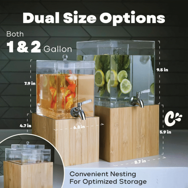 Paquete de 2 dispensadores de bebidas acrílicas con infusor de frutas y hierbas, de 1 y 2 galones, dispensador acrílico transparente de grado alimenticio con base de bambú natural,*VALORADO* - Imagen 4