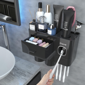 Portacepillos de dientes de pared para baños con 2 vasos, dispensador de pasta de dientes y cajón para cosméticos, bandeja de gran capacidad, accesorios de baño