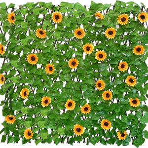 Rejilla de privacidad expandible para balcón, patio al aire libre, panel decorativo de hiedra sintética, setos artificiales (hojas de una sola cara) (2, girasoles)