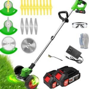 Desbrozadora inalámbrica 3 en 1 con cuchillas, incluye 2 baterías de 4 Ah, ideal para cortar maleza, césped y arbustos en jardín o patio. VALORADO