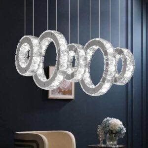 Candelabro de cristal moderno, lámpara LED regulable de techo de 5 anillos, lámpara colgante ajustable de acero inoxidable