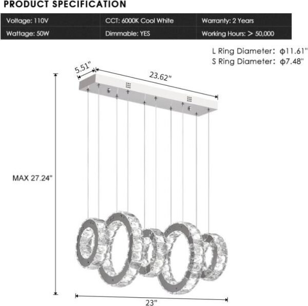 Candelabro de cristal moderno, lámpara LED regulable de techo de 5 anillos, lámpara colgante ajustable de acero inoxidable - Imagen 4
