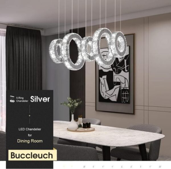Candelabro de cristal moderno, lámpara LED regulable de techo de 5 anillos, lámpara colgante ajustable de acero inoxidable - Imagen 6