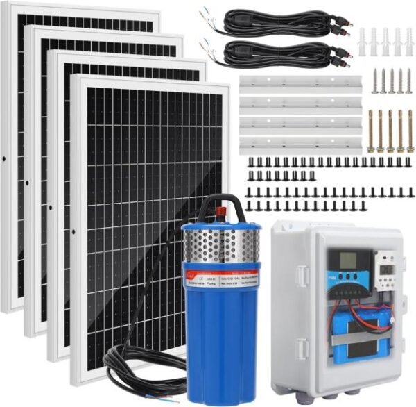 Kit de bomba de pozo solar con función de temporizador, bomba de agua solar sumergible+cuatro paneles solares (soporte fijo a juego)+caja impermeable (contiene controlador, batería, temporizador)
