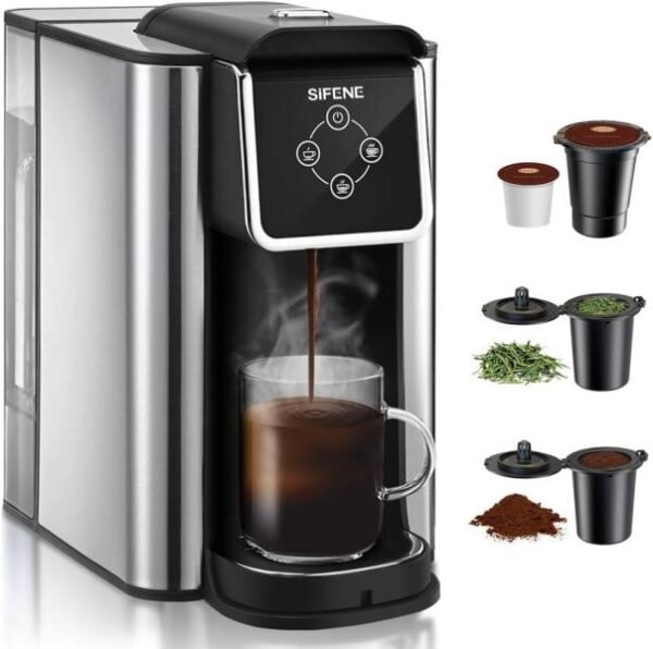 Cafetera de una sola porción Cafetera 3 en 1 para cápsulas de preparación rápida té molido y suelto Tamaños de taza de 6-10 oz Tanque de agua extraíble de 50 oz 1150 W compacto eficiente