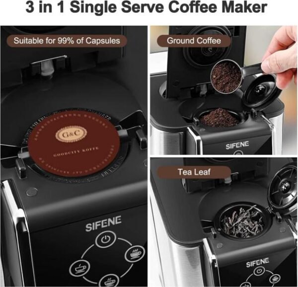Cafetera de una sola porción Cafetera 3 en 1 para cápsulas de preparación rápida té molido y suelto Tamaños de taza de 6-10 oz Tanque de agua extraíble de 50 oz 1150 W compacto eficiente - Imagen 3