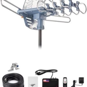 Antena de TV para exteriores, antena HDTV amplificada digital y cable coaxial RG6 de 60 pies, 200 millas de largo alcance, control remoto inalámbrico de 360 grados, soporte de rotación de 360