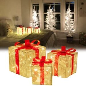 Cajas iluminadas transparentes Adorno de falda de árbol de Navidad Conjunto de 3 decoraciones de cajas de regalo iluminada