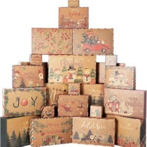 Cholemy Juego de 48 cajas de regalo de Navidad de papel kraft con tapas y calcomanías, 200 unidades de calcomanías de papel de aluminio para envolver ropa, regalo de Navidad, 24 diseños y 4 tamaños