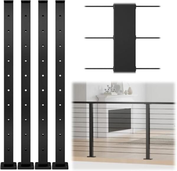 Muzata set de 4 postes de barandilla, 91?×?5?×?5?cm, NEGRO, acero inoxidable T304, montaje en superficie perforada, ideal para sistemas de cable - Imagen 4